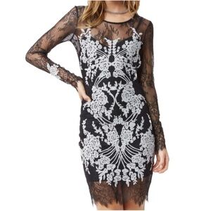 For Love & Lemons- Lacy Dreams black sheer lace embroidered body con dress- med